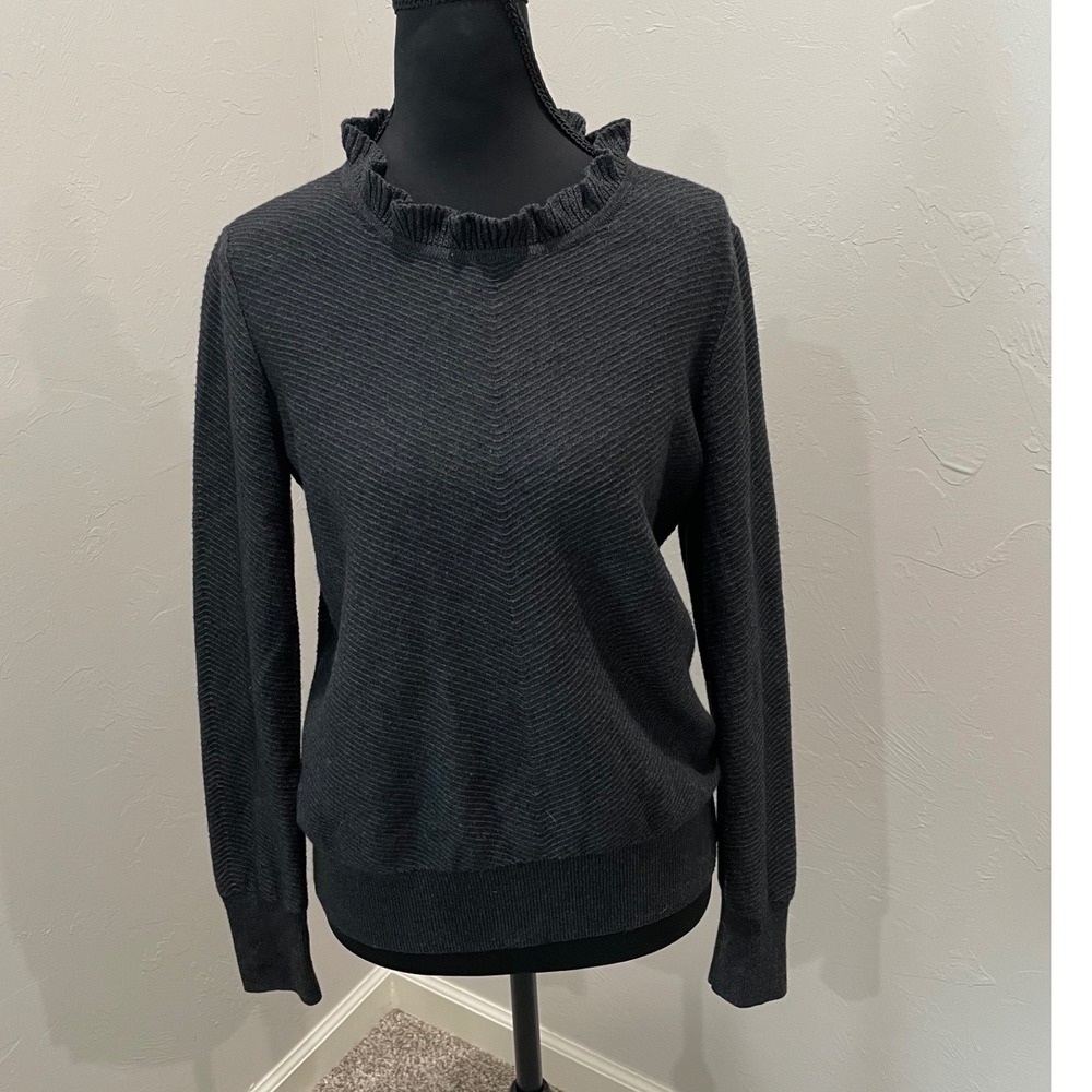 J.Crew Charcoal Gray Ruffle Neck Chevron Textured Merino Wool Blend Sweater S